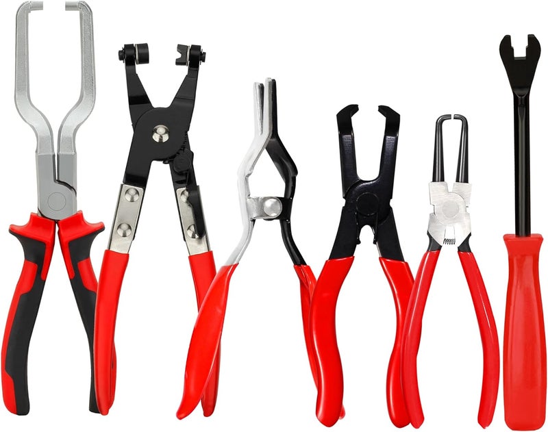AutoWanderer Tool 6 PCS Fuel Line Disconnect Pliers Set Hose Remover Tool With 80 Degree Disconnect Pliers Hose Remover Pliers Hose Pipe Clamp Clip 7 Inch Fuel Filter Caliper Flat Hose Clamp Plier Set - Image 1